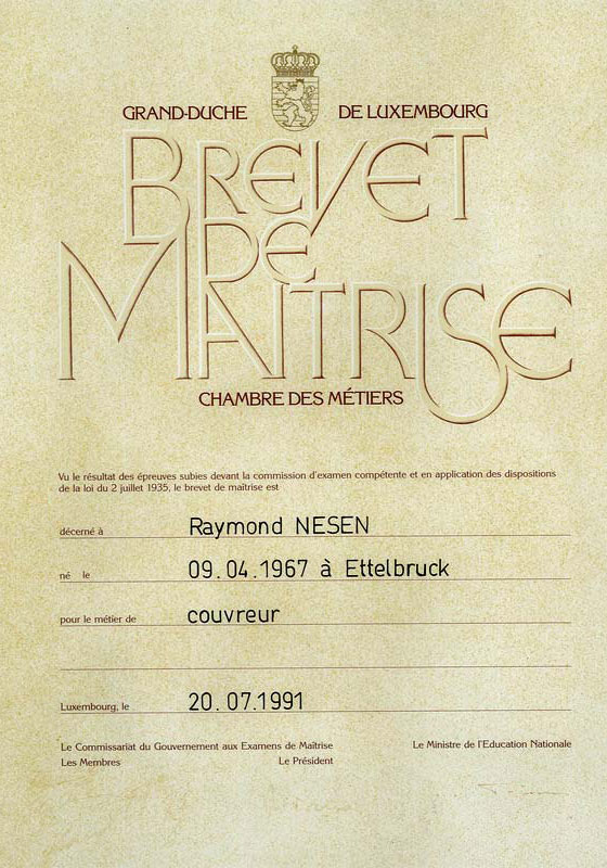 Diplôme "Brevet de maîtrise – couvreur" de Raymond Nesen.
