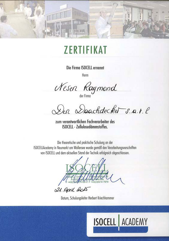 Certificat de la ISOCELL Academy.